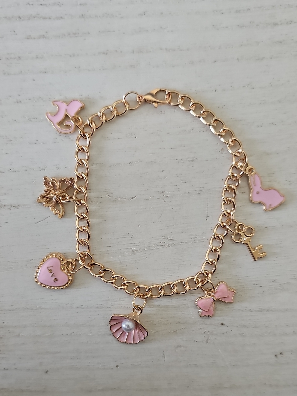 Pink Enamel Charm Bracelet with Gold Chain